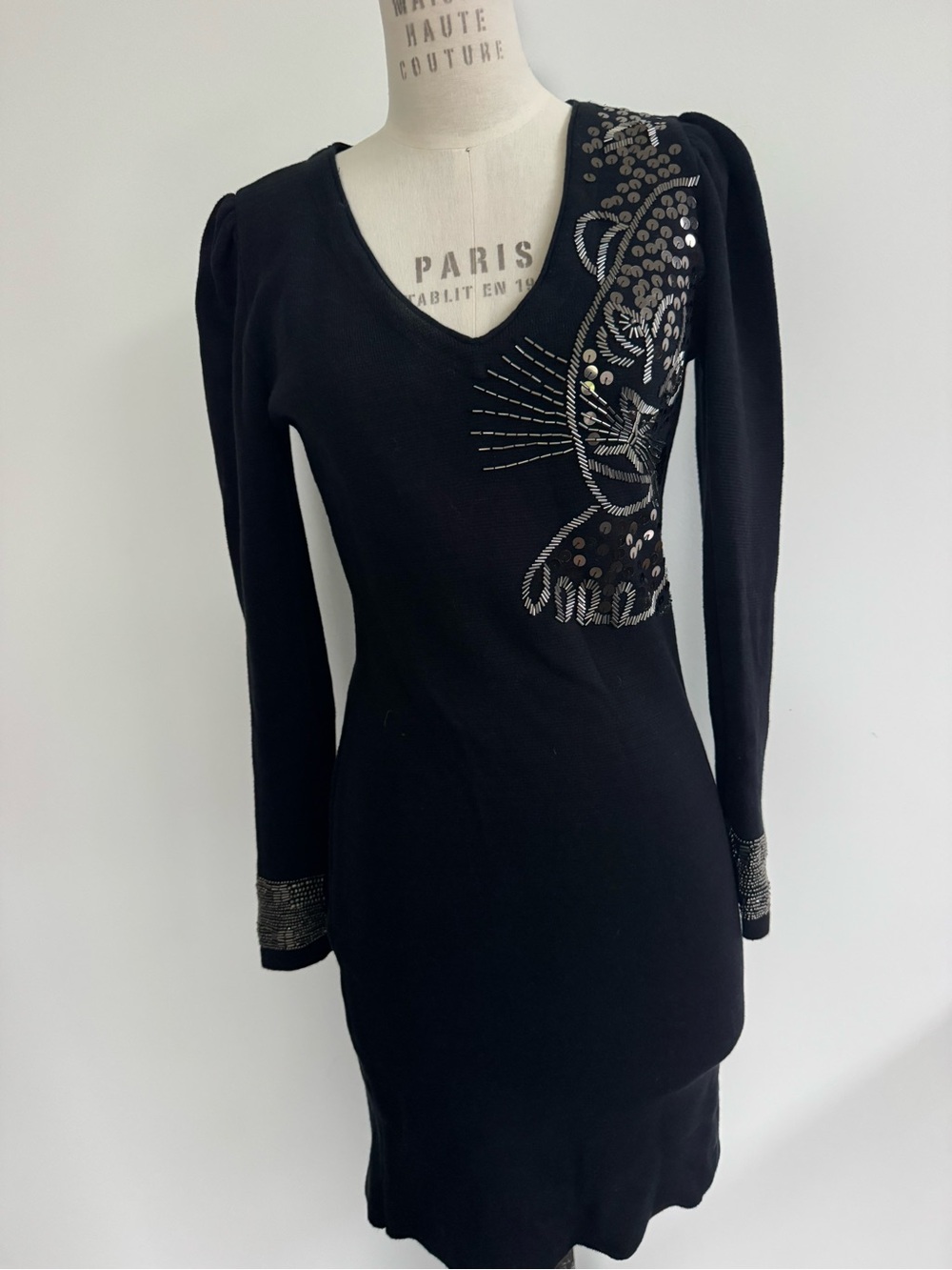 Free People Black Long-Sleeve V-Neck Embellished Dress